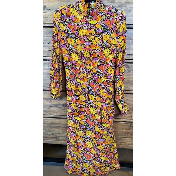 Rebecca Vallance Dress Womens 10 Black Multi Arles Midi Floral Pearl Buttons - Picture 1 of 12